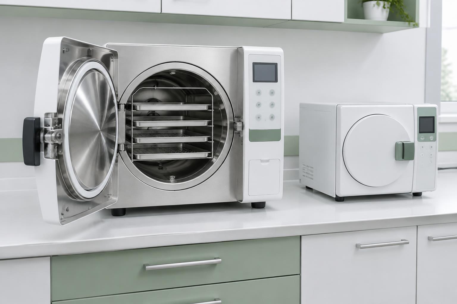 Tabletop steam sterilizers with an open stainless steel chamber