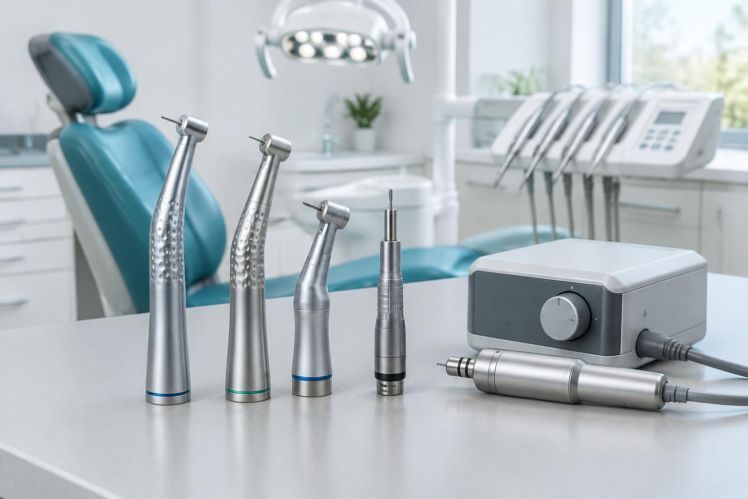 Dental handpieces and motor in a bright dental operatory