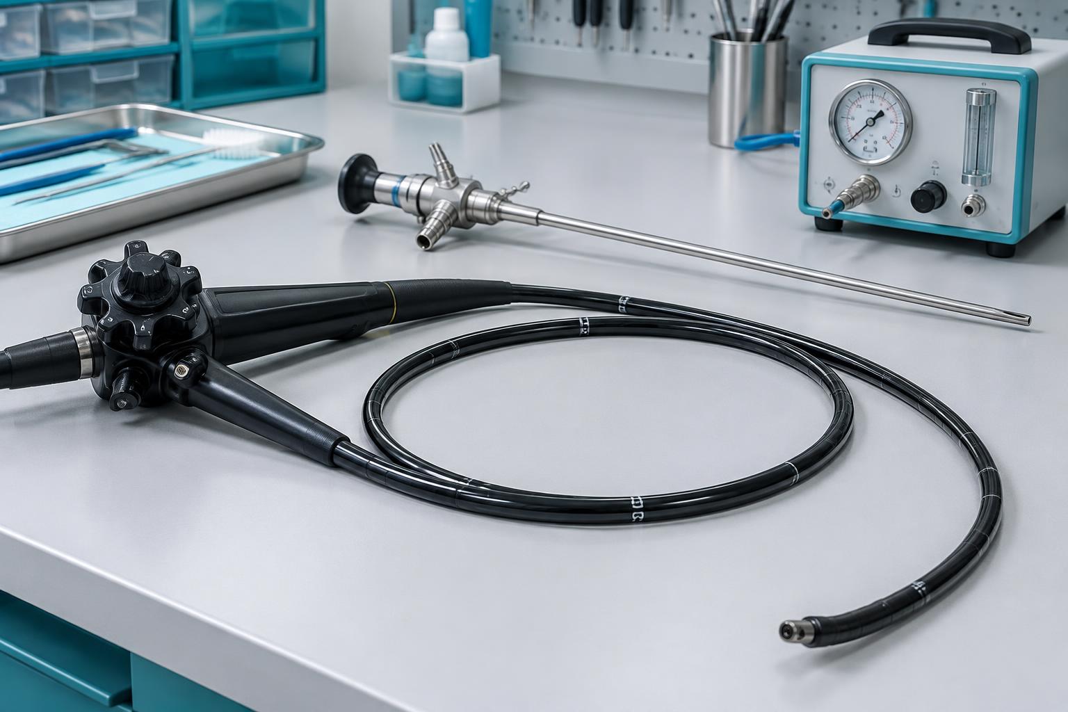Flexible endoscope, rigid scope, and leak tester on a repair bench