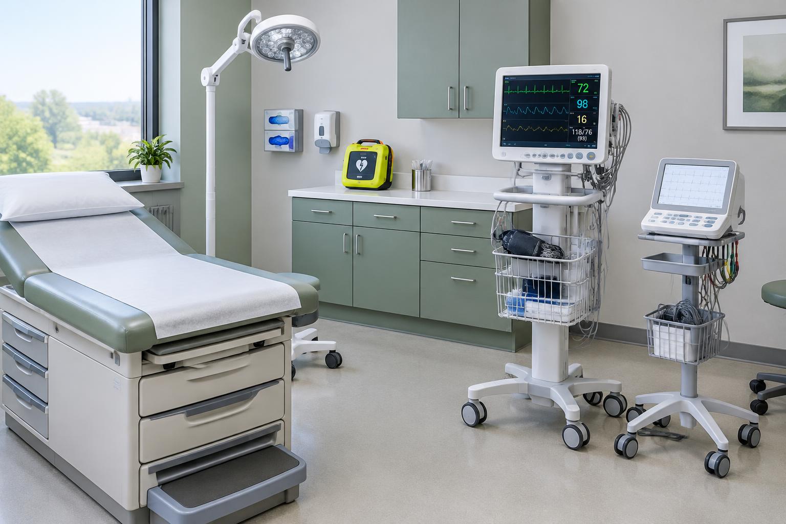 Clinical exam table, patient monitor, ECG machine, and AED