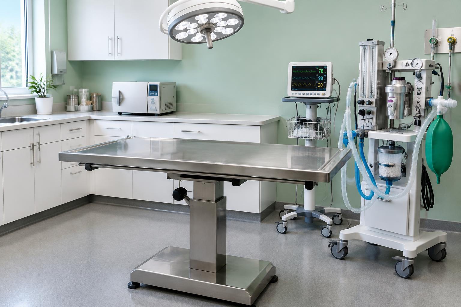 Veterinary exam table with monitoring equipment and a sterilizer